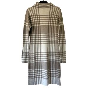 Max Studio Dress Plaid Tan Cream Beige Longsleeve Midi Cotton Blend High Neck XS